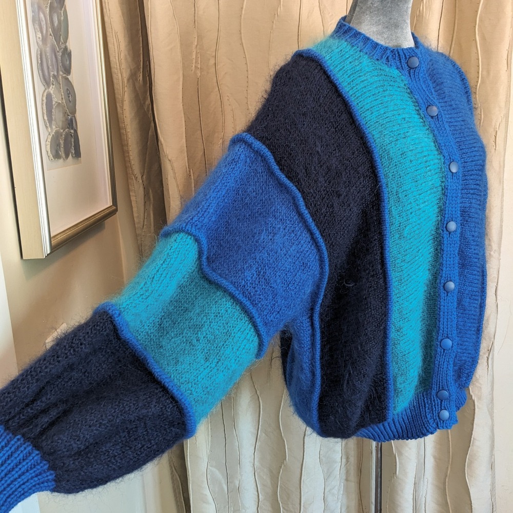 Vintage 80s Mohair Cardigan Sweater M/L Irish Colorblock Chunky Knit Oversized - Picture 5 of 14